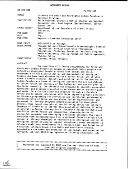 DOCUMENT RESUME ED 359 821 FL 800 606 TITLE Literacy for Metis