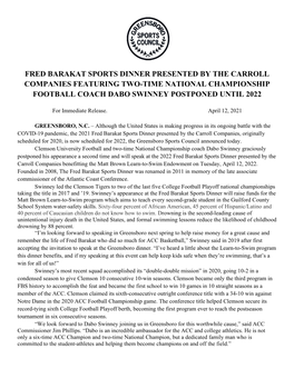 Fred Barakat Sports Dinner Presented by the Carroll Companies Featuring Two-Time National Championship Football Coach Dabo Swinney Postponed Until 2022