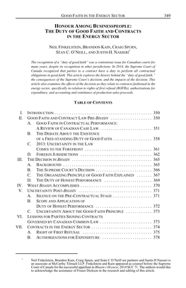 The Duty of Good Faith and Contracts in the Energy Sector Séan C. O'n I. Introduction