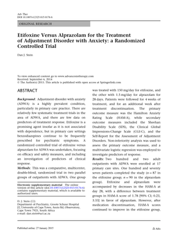 Etifoxine Versus Alprazolam for the Treatment of Adjustment Disorder with Anxiety: a Randomized Controlled Trial