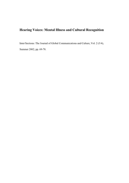 Hearing Voices: Mental Illness and Cultural Recognition