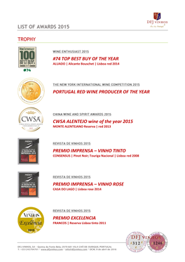 LIST of AWARDS 2015 TROPHY #74 TOP BEST BUY of the YEAR PORTUGAL RED WINE PRODUCER of the YEAR CWSA ALENTEJO Wine of the Year 20