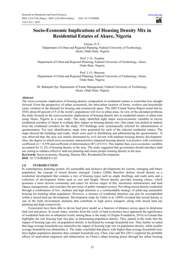 Socio-Economic Implications of Housing Density Mix in Residential Estates of Akure, Nigeria