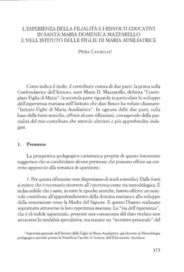 CAVAGLIÀ Piera, L'esperienza Della Filialità E I Risvolti Educativi in Santa