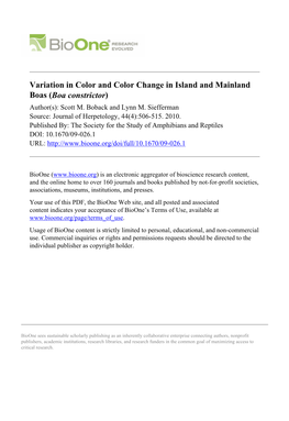 Variation in Color and Color Change in Island and Mainland Boas (Boa Constrictor) Author(S): Scott M