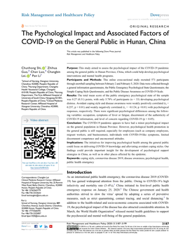 The Psychological Impact and Associated Factors of COVID-19 on the General Public in Hunan, China