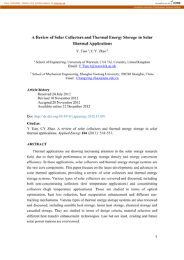 A Review of Solar Collectors and Thermal Energy Storage in Solar Thermal Applications