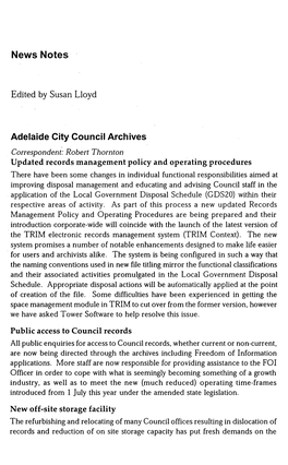 News Notes Edited by Susan Lloyd Adelaide City Council Archives