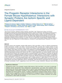 The Progestin Receptor Interactome in the Female Mouse Hypothalamus: Interactions with Synaptic Proteins Are Isoform Specific and Ligand Dependent