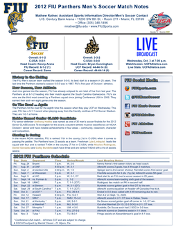 2012 FIU Panthers Men's Soccer Match Notes