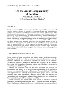 On the Areal Comparability of Folklore ARVI HURSKAINEN University of Helsinki, Finland