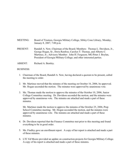 MEETING: Board of Trustees, Georgia Military College, Sibley Cone Library, Monday, January 8, 2007, 7:00 P.M