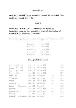 Appendix XII Ball Wills Proved in the Consistory Court of Lichfield (And