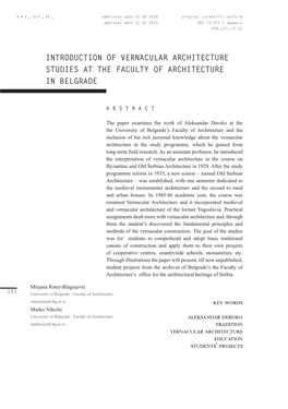 Introduction of Vernacular Architecture Studies at the Faculty of Architecture in Belgrade
