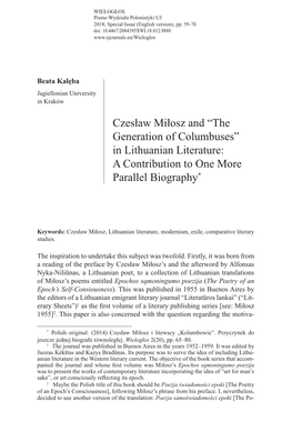 Czesław Miłosz and “The Generation of Columbuses” in Lithuanian Literature: a Contribution to One More Parallel Biography*