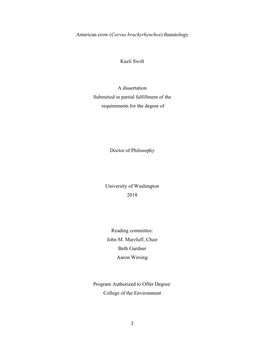 1 American Crow (Corvus Brachyrhynchos) Thanatology Kaeli Swift a Dissertation Submitted in Partial Fulfillment of the Requireme