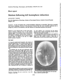 Mutism Following Left Hemisphere Infarction