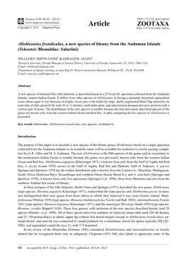 Alloblennius Frondiculus, a New Species of Blenny from the Andaman Islands (Teleostei: Blenniidae: Salariini)