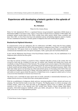 Experiences with Developing a Botanic Garden in the Uplands of Kenya Nicholson