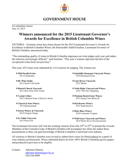 Winners Announced for the 2015 Lieutenant Governor's Awards for Excellence in British Columbia Wines