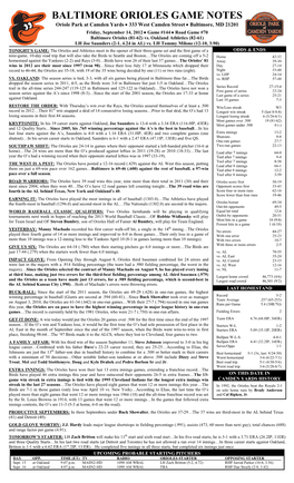 BALTIMORE ORIOLES GAME NOTES Oriole Park at Camden Yards • 333 West Camden Street • Baltimore, MD 21201