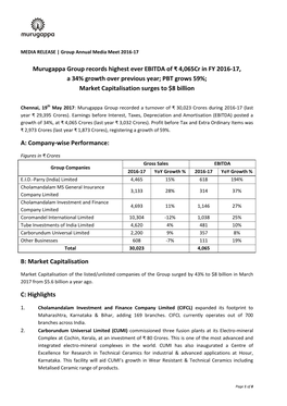 Murugappa Group Records Highest Ever EBITDA of ₹ 4,065Cr in FY 2016-17, a 34% Growth Over Previous Year; PBT Grows 59%; Market Capitalisation Surges to $8 Billion