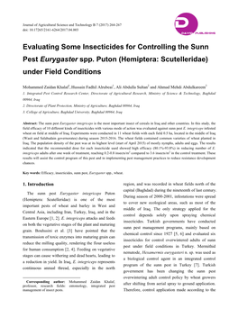 Evaluating Some Insecticides for Controlling the Sunn Pest Eurygaster Spp