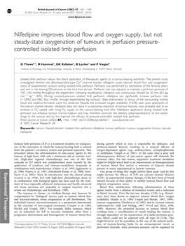 Nifedipine Improves Blood Flow and Oxygen Supply, but Not Steady-State Oxygenation of Tumours in Perfusion Pressure