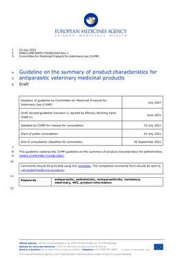 Guideline on the Summary of Product Characteristics for Antiparasitic Veterinary Medicinal Products EMA/CVMP/EWP/170208/2005-Rev.1 Page 2/14