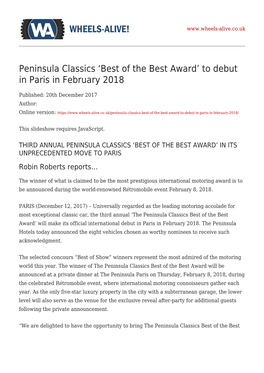 Peninsula Classics ‘Best of the Best Award&