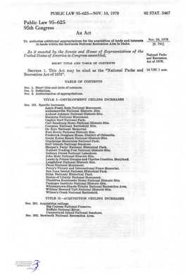 Public Law 95-625 95Th Congress an Act to Authorize Additional Appropriations for the Acquisition of Lands and Interests Nov