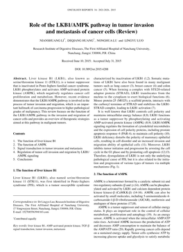 Role of the LKB1/AMPK Pathway in Tumor Invasion and Metastasis of Cancer Cells (Review)