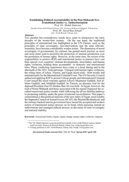 Transitional Justice Vs. Authoritarianism Prof. Dr. Mehdi Zakerian *