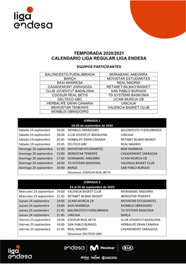 Temporada 2020/2021 Calendario Liga Regular Liga Endesa