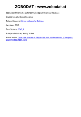 Three New Species of Paederinae from Northeast India (Coleoptera: Staphylinidae) 1561-1570 © Biologiezentrum Linz/Austria; Download Unter