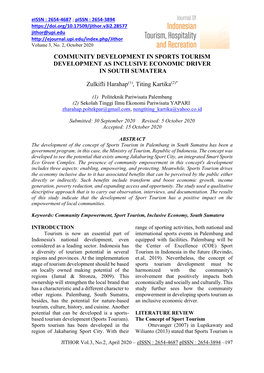 COMMUNITY DEVELOPMENT in SPORTS TOURISM DEVELOPMENT AS INCLUSIVE ECONOMIC DRIVER in SOUTH SUMATERA Zulkifli Harahap(1)