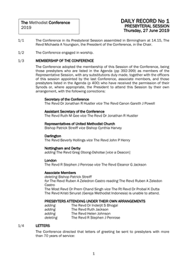 DAILY RECORD No 1 2019 PRESBYTERAL SESSION Thursday, 27 June 2019