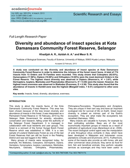 Diversity and Abundance of Insect Species at Kota Damansara Community Forest Reserve, Selangor