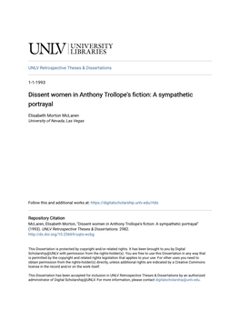 Dissent Women in Anthony Trollope's Fiction: a Sympathetic Portrayal