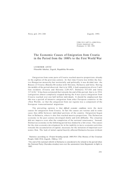 The Economic Causes of Emigration from Croatia in the Period from the 1880'S to the First World War