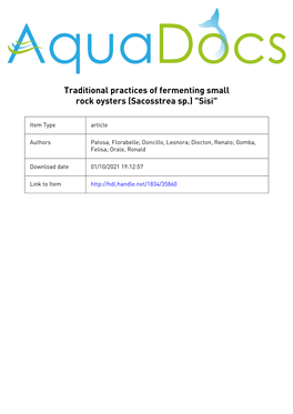 Traditional Practices of Fermenting Small Rock Oysters (Sacosstrea Sp.) 