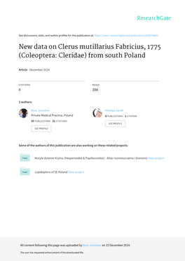 New Data on Clerus Mutillarius Fabricius, 1775 (Coleoptera: Cleridae) from South Poland