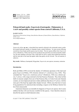 Zootaxa 215: 1-6 (2003) ISSN 1175-5326 (Print Edition) ZOOTAXA 215 Copyright © 2003 Magnolia Press ISSN 1175-5334 (Online Edition)