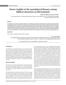 Newer Insights to the Neurological Diseases Among Biblical Characters of Old Testament