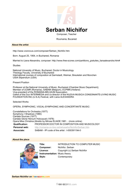 INTRODUCTION to COMPUTER MUSIC Composer: Nichifor, Serban Licence: Copyright (C) Serban Nichifor Instrumentation: Music Theory Style: Contemporary