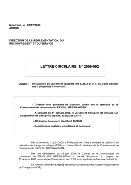 Lettre Circulaire N° 2009-092