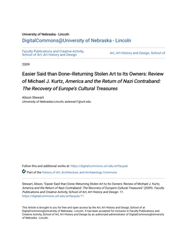 Returning Stolen Art to Its Owners: Review of Michael J. Kurtz, America and the Return of Nazi Contraband: the Recovery of Europe's Cultural Treasures