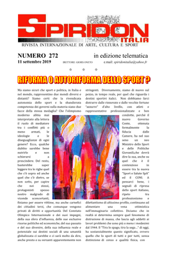 NUMERO 272 in Edizione Telematica 11 Settembre 2019 IRETTORE: GIORS ONETO E.Mail: Spiridonitalia@Yahoo.Fr