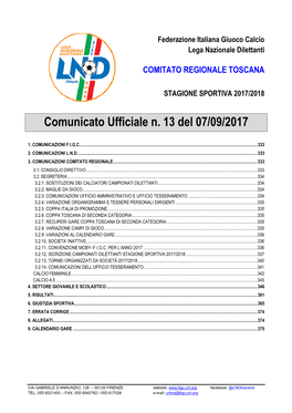 Comunicato Ufficiale N. 13 Del 07/09/2017