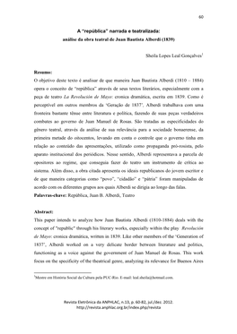 A “República” Narrada E Teatralizada: Análise Da Obra Teatral De Juan Bautista Alberdi (1839)